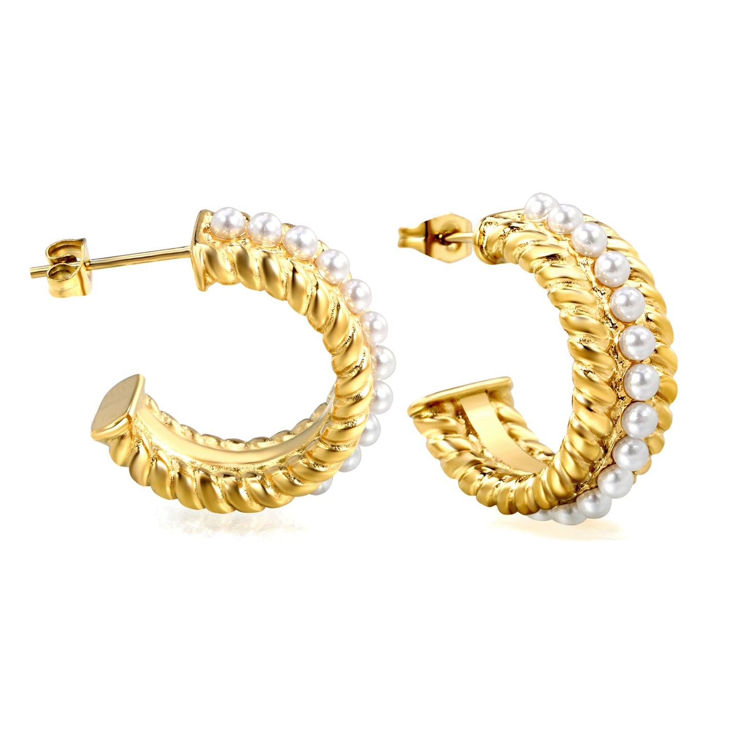 Half Round Twisted Lace Ear Clips with 17pcs 2.5mm White Pearls 8.6*20.6mm Gold Color asonjewelry