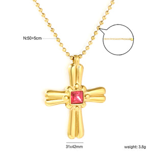 31*42mm Cross Square Rose-Colored Zircon Pendant Bead Chain Round End Cap Necklace, Gold