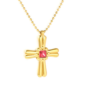 31*42mm Cross Square Rose-Colored Zircon Pendant Bead Chain Round End Cap Necklace, Gold