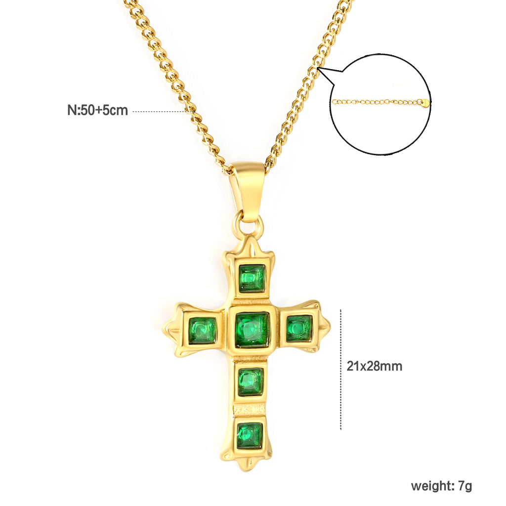Cross-Shaped Square Emerald Nano Square Zircon Pendant 2.0 with Double-Sided Polished Round End Cap Necklace, Gold