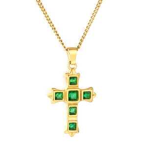 Cross-Shaped Square Emerald Nano Square Zircon Pendant 2.0 with Double-Sided Polished Round End Cap Necklace, Gold