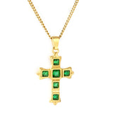 Cross-Shaped Square Emerald Nano Square Zircon Pendant 2.0 with Double-Sided Polished Round End Cap Necklace, Gold
