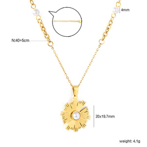 Irregular Sunflower Pearl Pendant 0.2mm Cross Chain Assembled Pearl Round Tag Necklace Gold