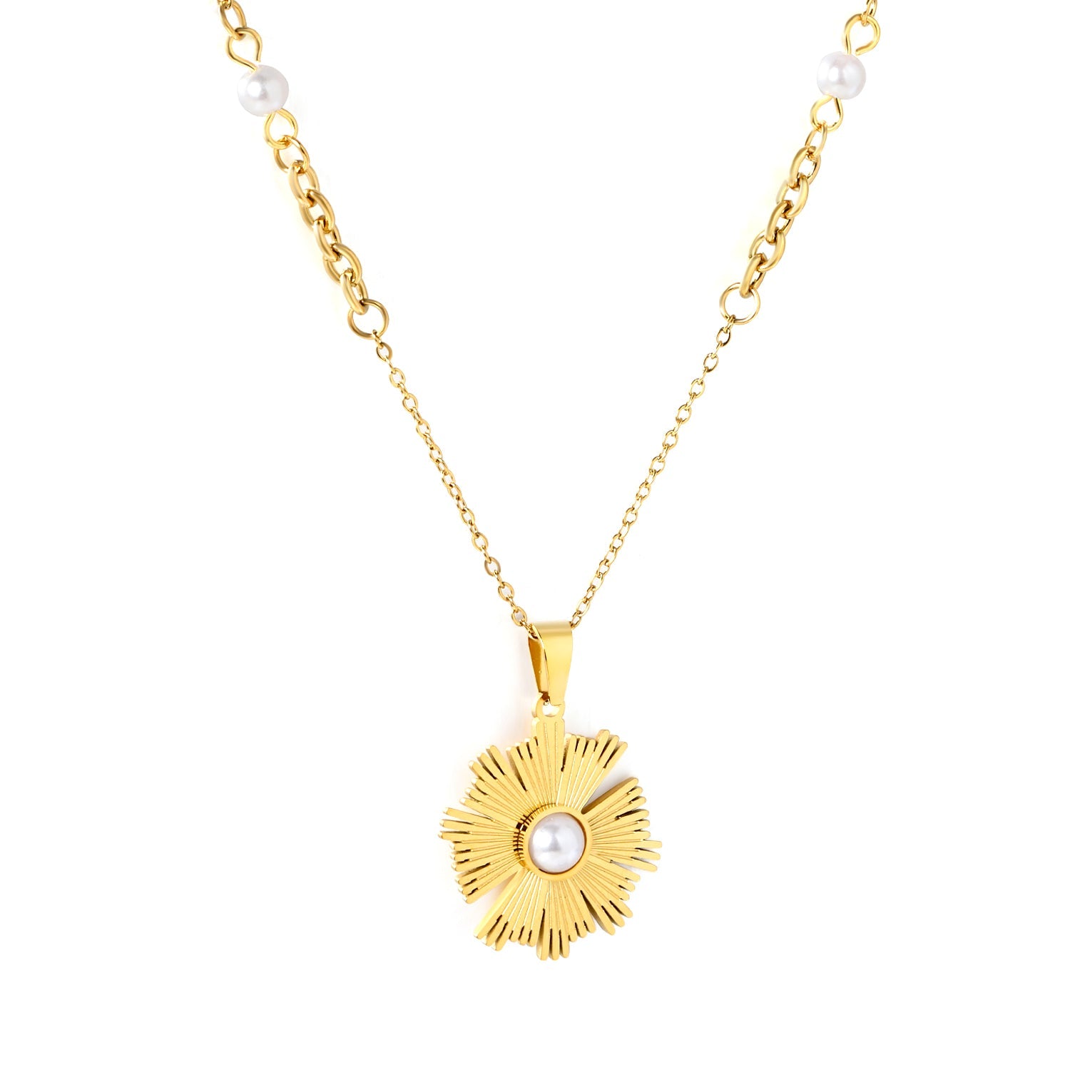 Irregular Sunflower Pearl Pendant 0.2mm Cross Chain Assembled Pearl Round Tag Necklace Gold asonjewelry