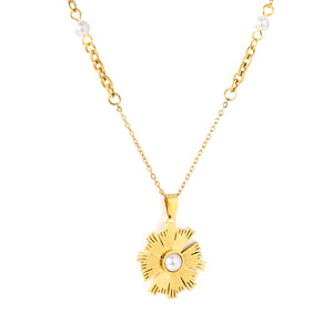 Irregular Sunflower Pearl Pendant 0.2mm Cross Chain Assembled Pearl Round Tag Necklace Gold