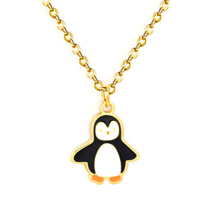 12.6*13.3mm Penguin Pendant 0.4mm Cross Chain Round Tag Necklace Gold