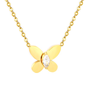 Butterfly-Set Marquise White Zirconia Pendant 0.3mm Cross Chain Round Tag Necklace Gold