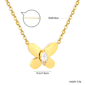 Butterfly-Set Marquise White Zirconia Pendant 0.3mm Cross Chain Round Tag Necklace Gold