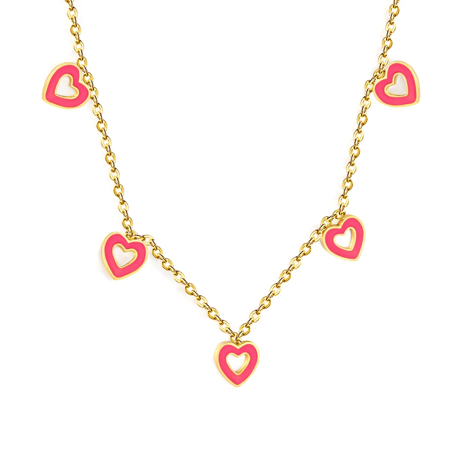 7.3*7.5mm 5 Pink Openwork Hearts 0.4mm Cross Chain Tag Necklace Gold asonjewelry