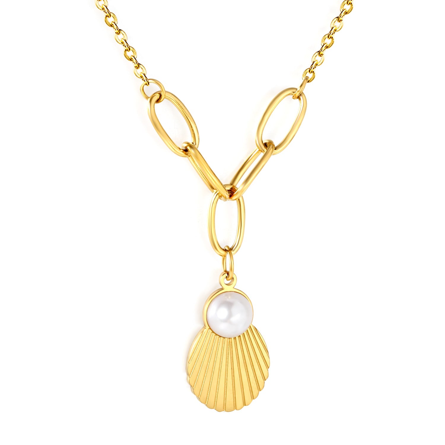 Shell Pearl Pendant 0.4mm Cross Chain Assembled Five Long Clasp Round Tag Necklace Gold asonjewelry