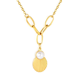 Shell Pearl Pendant 0.4mm Cross Chain Assembled Five Long Clasp Round Tag Necklace Gold