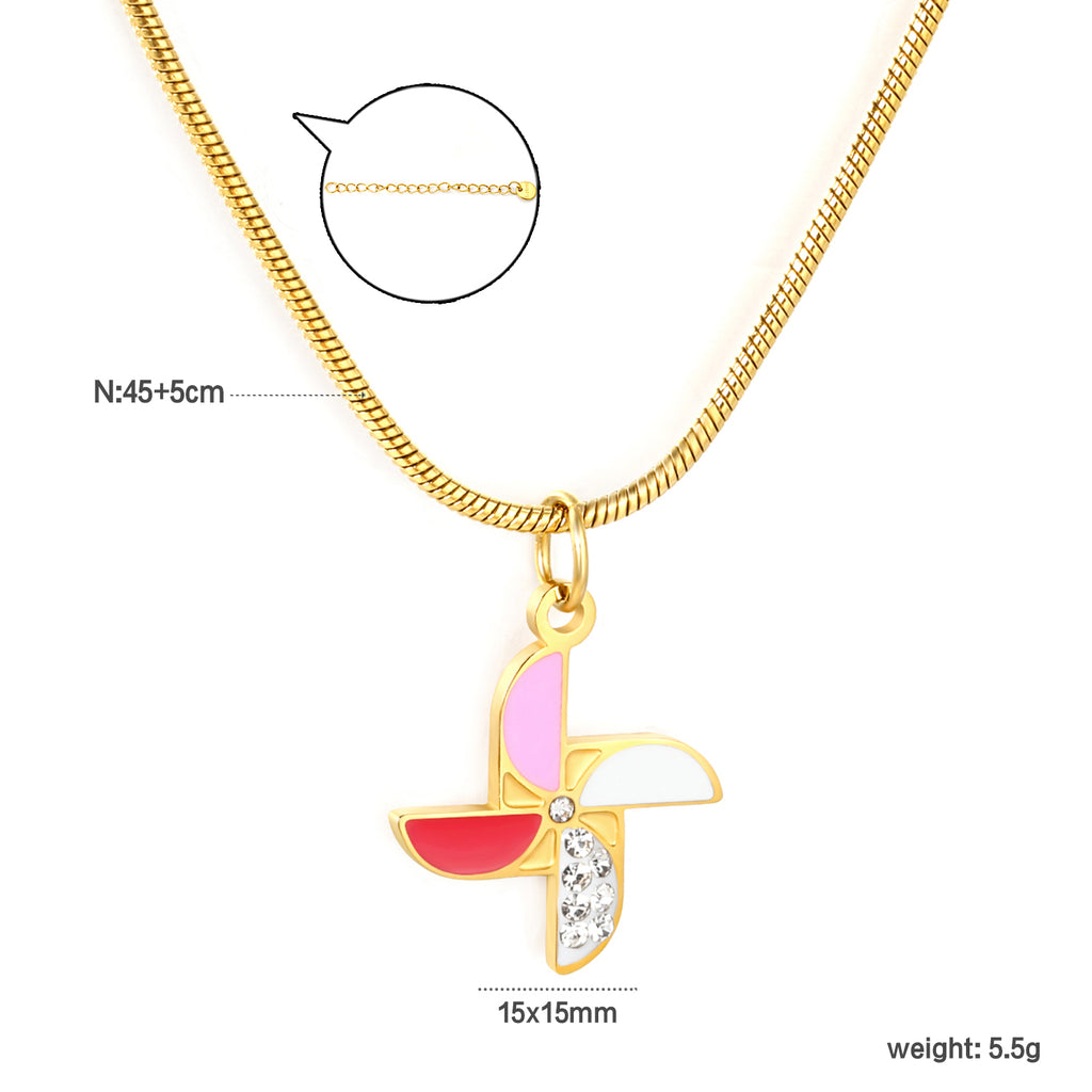 Windmill Drip Oil Pendant with Diamonds 1.3mm Round Snake Chain Round End Cap Necklace Gold