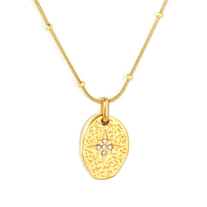 Irregular Oval Eight-Pointed Star Pendant with Diamonds 0.9mm Round Snake Clasp Small Bead Round Tag Necklace Gold