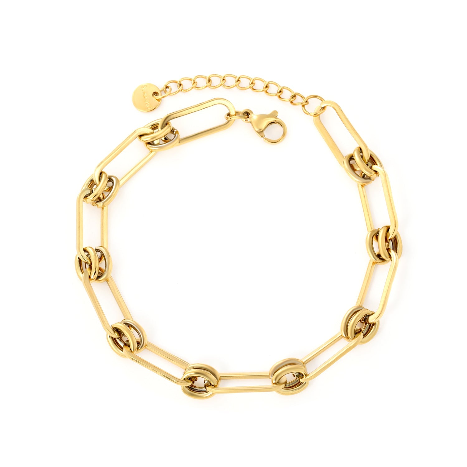 6.6x16mm Rectangular Clasp Double O-Ring 18+3cm + 6mm Round Tag Bracelet Gold Color asonjewelry