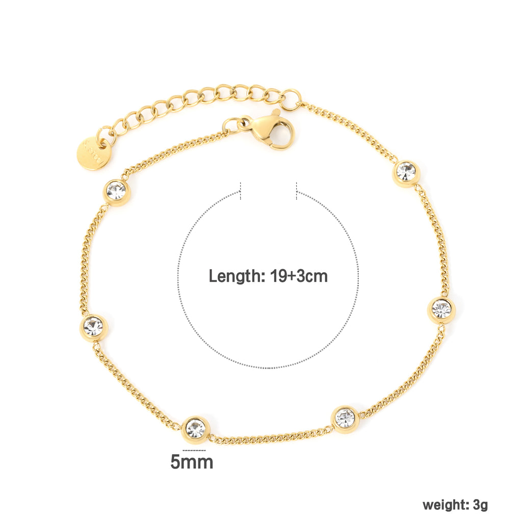 5mm 6x Round Disc Diamond Bead 19+3cm + 6mm Round End Cap Bracelet, Gold