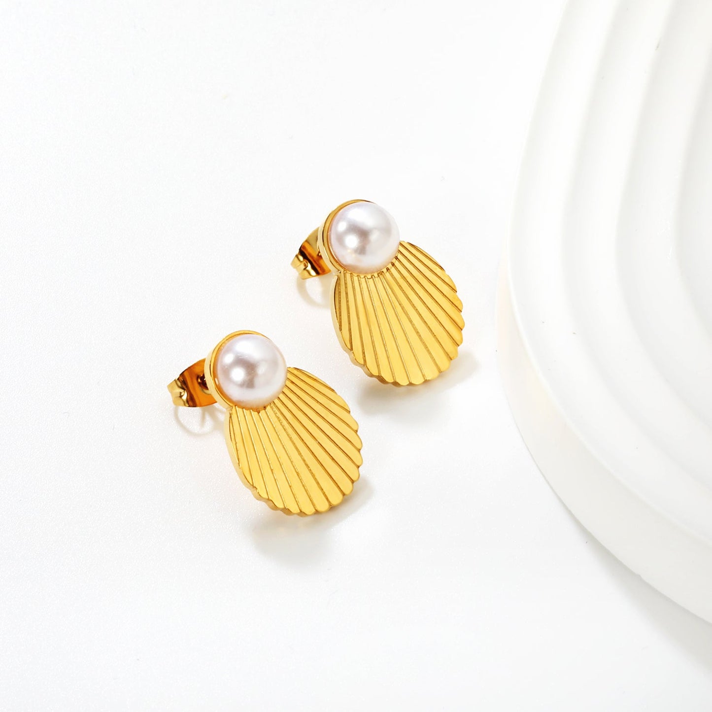 13*19mm Shell Pearl Stud Earrings, Gold asonjewelry