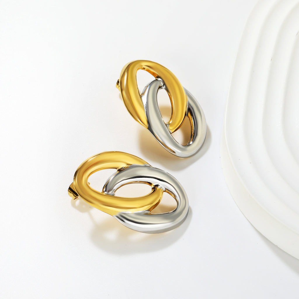 21.5mm*33.3mm Double-Ring O-Shape Stud Earrings, Two-tone Gold