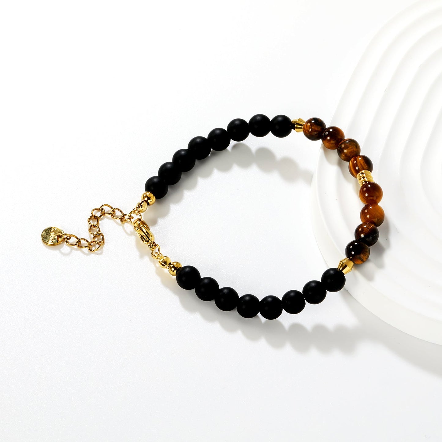 7mm Tiger's Eye Stone with Black Bead Accents 18+3cm+6mm Round Tag Bracelet Gold asonjewelry