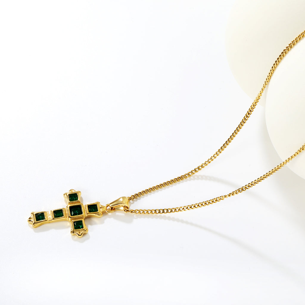 Cross-Shaped Square Emerald Nano Square Zircon Pendant 2.0 with Double-Sided Polished Round End Cap Necklace, Gold