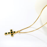 Cross-Shaped Square Emerald Nano Square Zircon Pendant 2.0 with Double-Sided Polished Round End Cap Necklace, Gold