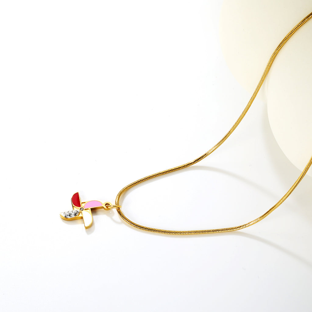 Windmill Drip Oil Pendant with Diamonds 1.3mm Round Snake Chain Round End Cap Necklace Gold