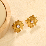 20*19.7mm Irregular Sunflower Pearl Stud Earrings, Gold