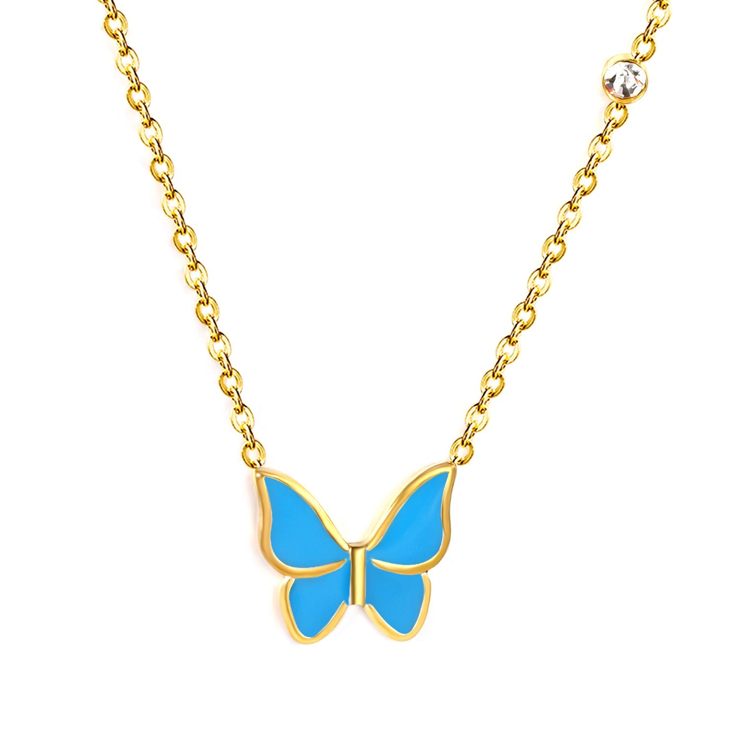 15.5*14mm butterfly with white/red/green/blue oil drop pendant + 3.5mm round white diamond necklace 43+5cm+6mm round tag Gold color asonjewelry