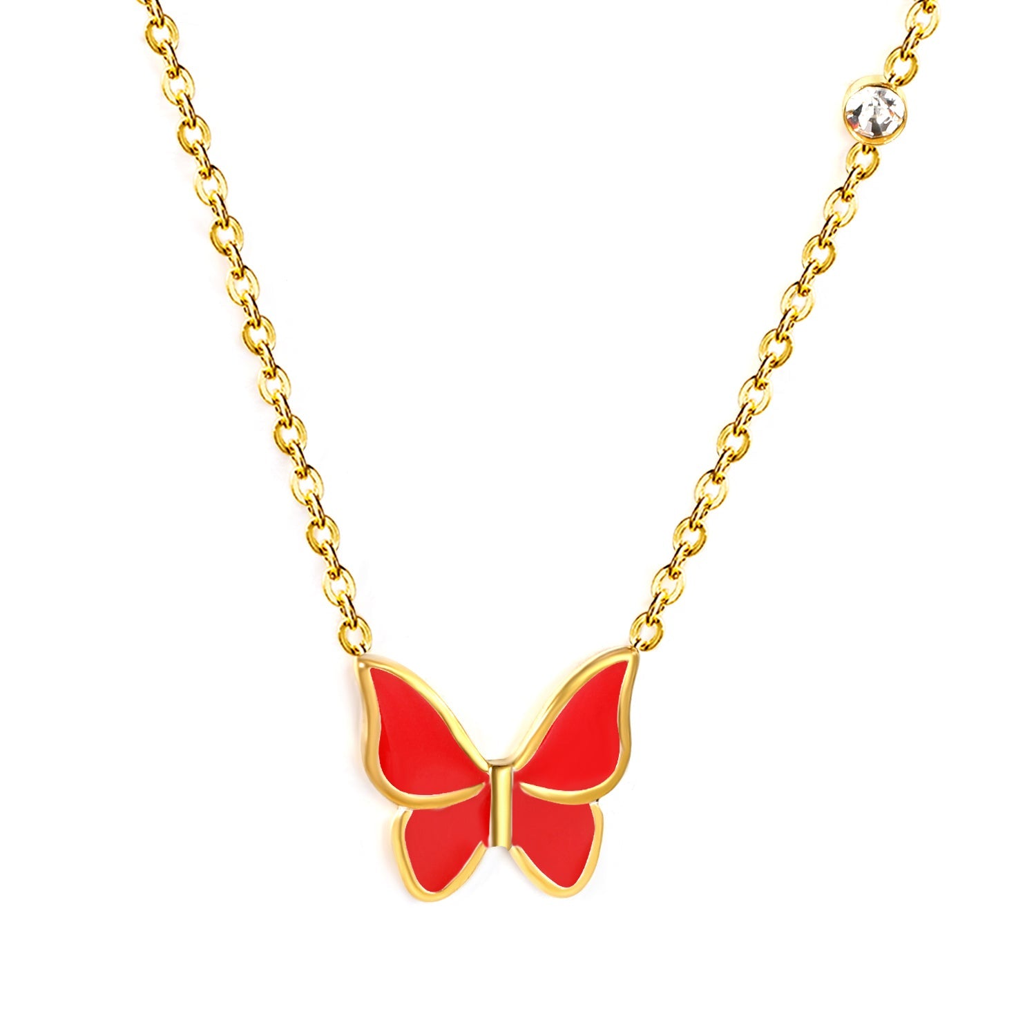 15.5*14mm butterfly with white/red/green/blue oil drop pendant + 3.5mm round white diamond necklace 43+5cm+6mm round tag Gold color asonjewelry