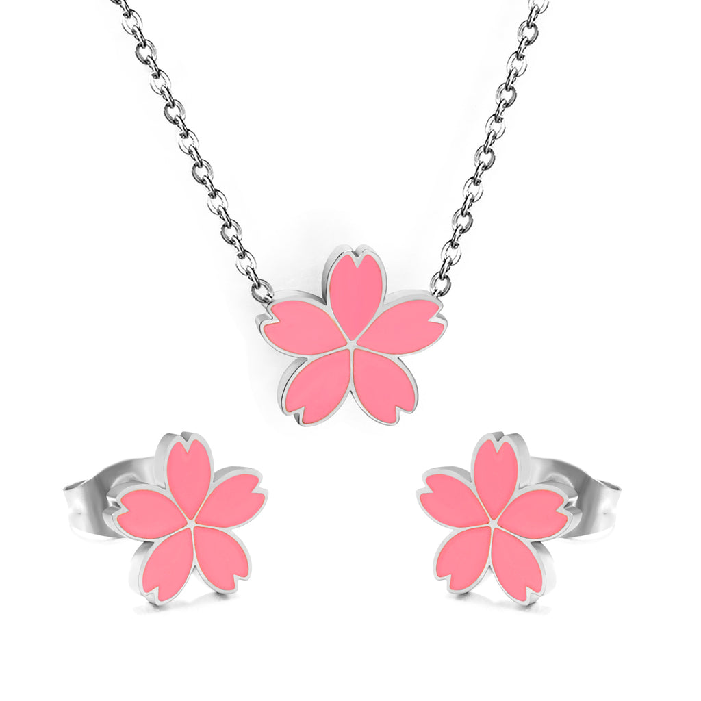 10mm cherry blossom with pink oil drop earrings + 12.5mm pendant set cross 0.3mm*45+5cm+6mm round plate steel color / gold color