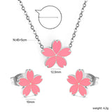 10mm cherry blossom with pink oil drop earrings + 12.5mm pendant set cross 0.3mm*45+5cm+6mm round plate steel color / gold color