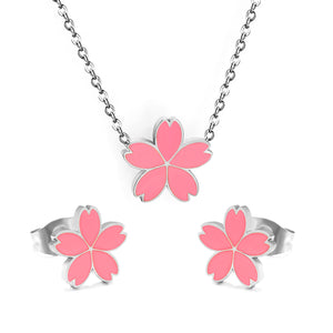 10mm cherry blossom with pink oil drop earrings + 12.5mm pendant set cross 0.3mm*45+5cm+6mm round plate steel color / gold color