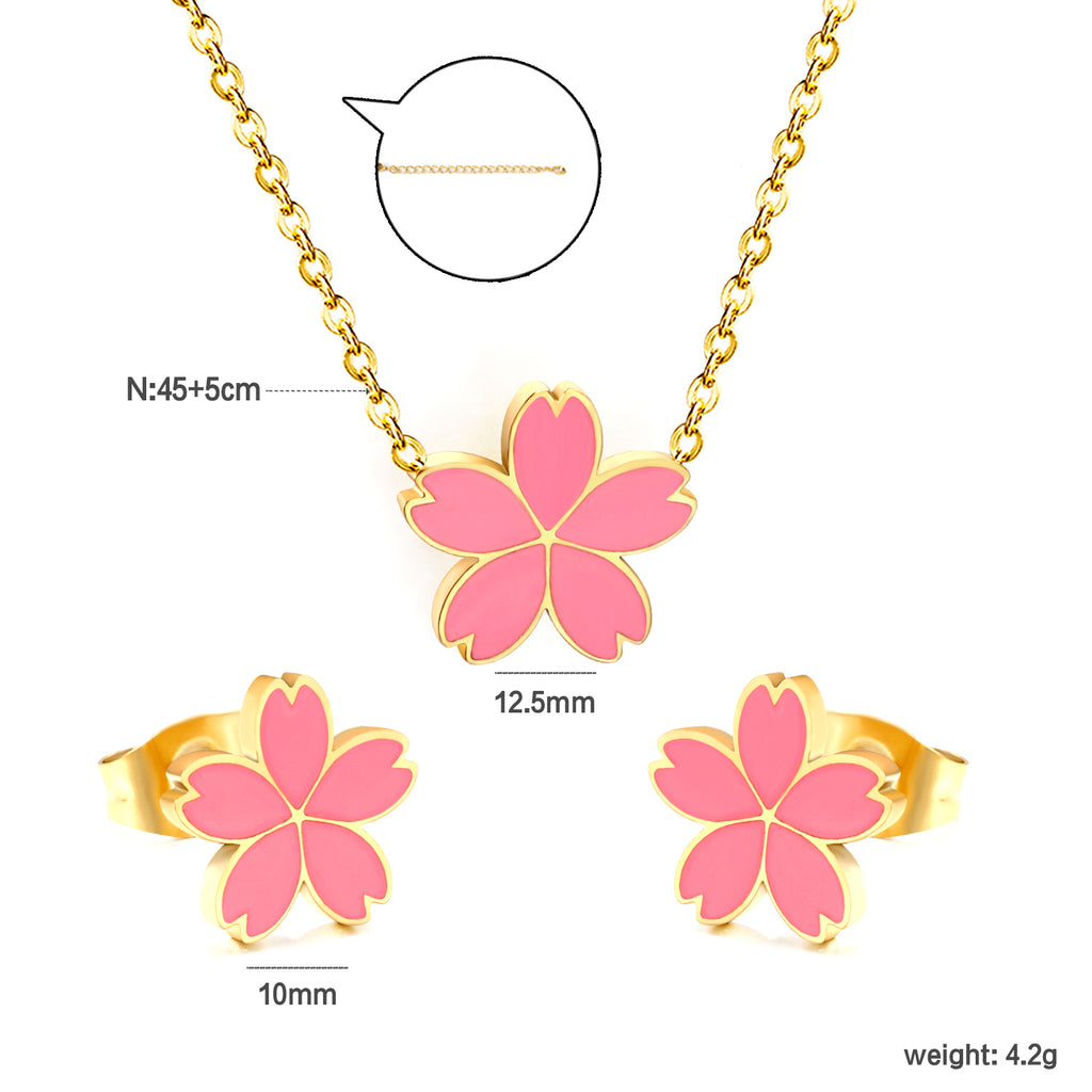 10mm cherry blossom with pink oil drop earrings + 12.5mm pendant set cross 0.3mm*45+5cm+6mm round plate steel color / gold color