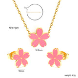 10mm cherry blossom with pink oil drop earrings + 12.5mm pendant set cross 0.3mm*45+5cm+6mm round plate steel color / gold color