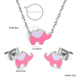 8.6*6.4mm small elephant with pink oil drop earrings +12.2*9mm pendant set cross 0.3mm*45+5cm+6mm round plate steel color / gold color