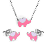 8.6*6.4mm small elephant with pink oil drop earrings +12.2*9mm pendant set cross 0.3mm*45+5cm+6mm round plate steel color / gold color