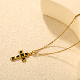 Cross-Shaped Square Emerald Nano Square Zircon Pendant 2.0 with Double-Sided Polished Round End Cap Necklace, Gold