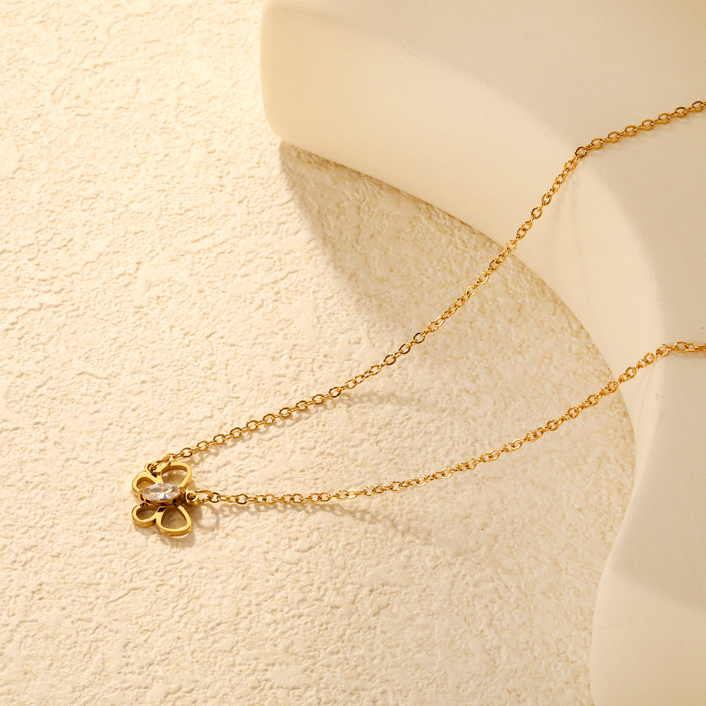 Openwork Butterfly with Marquise-Cut White Zirconia Pendant 0.4mm Cross Chain Round Tassel Pendant Necklace Gold