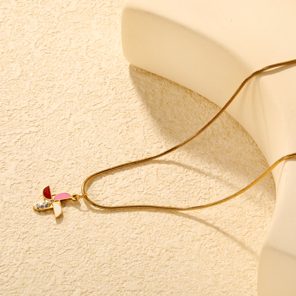 Windmill Drip Oil Pendant with Diamonds 1.3mm Round Snake Chain Round End Cap Necklace Gold