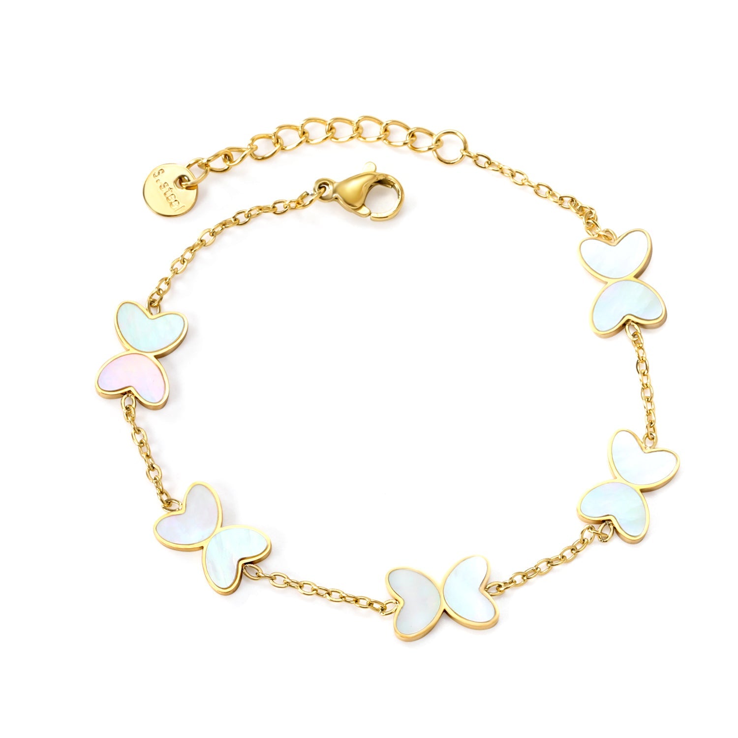 5pcs 11.2*8mm Butterfly with White Shell/Black Yak/Green Drip Oil Bracelet Cross Chain 0.4mm*17+3cm+6mm Round Plaque Gold Color asonjewelry