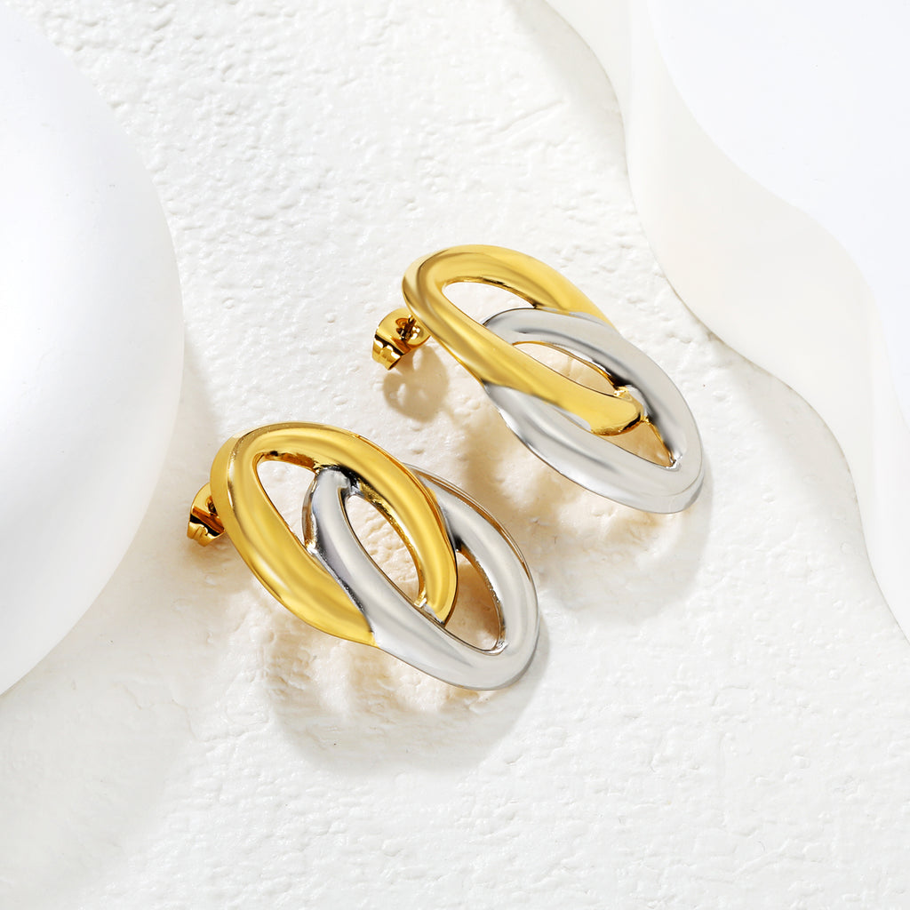 21.5mm*33.3mm Double-Ring O-Shape Stud Earrings, Two-tone Gold
