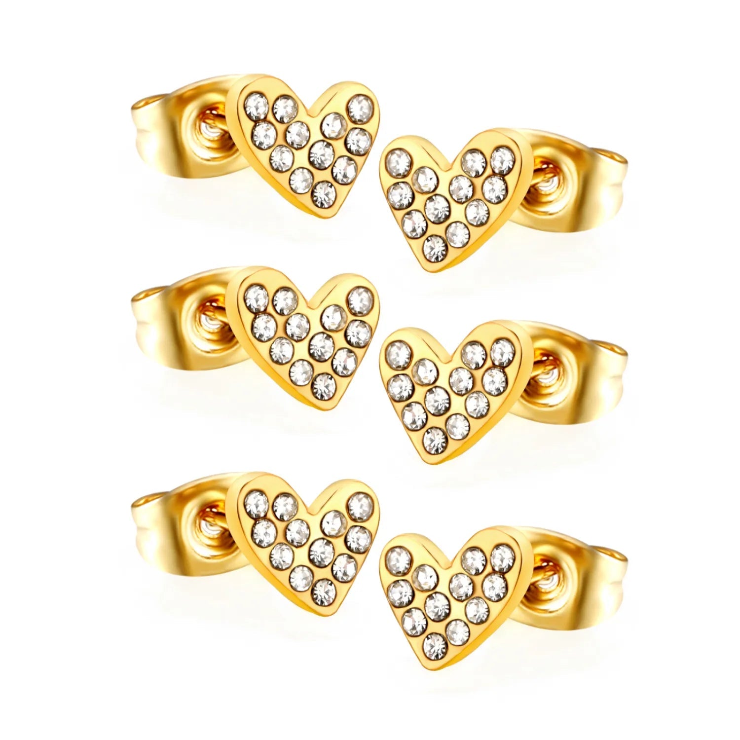3 PCS 7*5.9mm Heart-shaped White Diamond Plain Post Stud Earrings - Steel & Gold asonjewelry