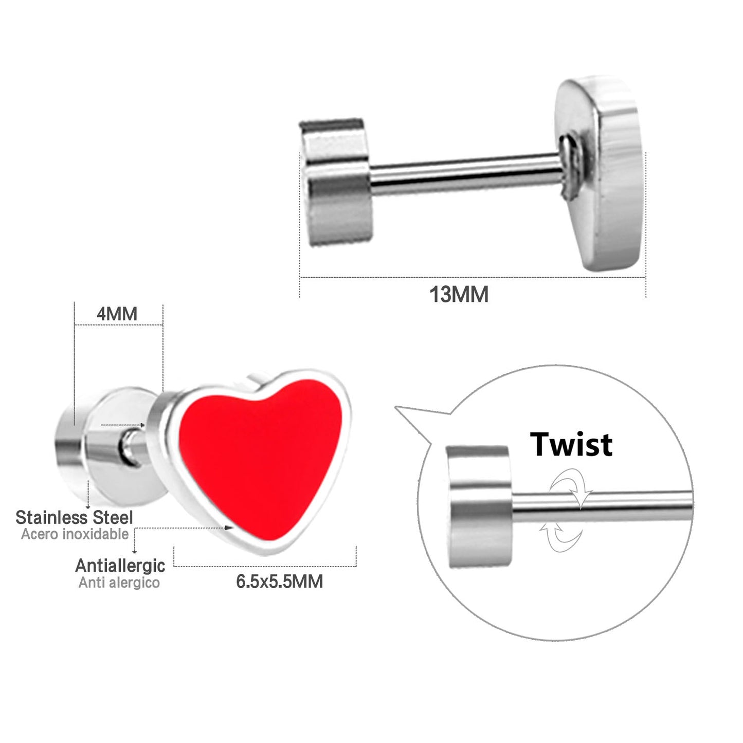 12 pairs 6.5mm*5.5mm Steel / Goldtone Heart Mixed Color Screwback Stud Earrings asonjewelry