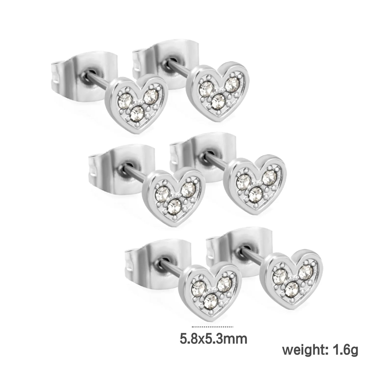 3 PCS 5.8*5.3mm Heart-shaped White Diamond Adhesive-set Plain Post Stud Earrings - Steel Tone & Gold Tone