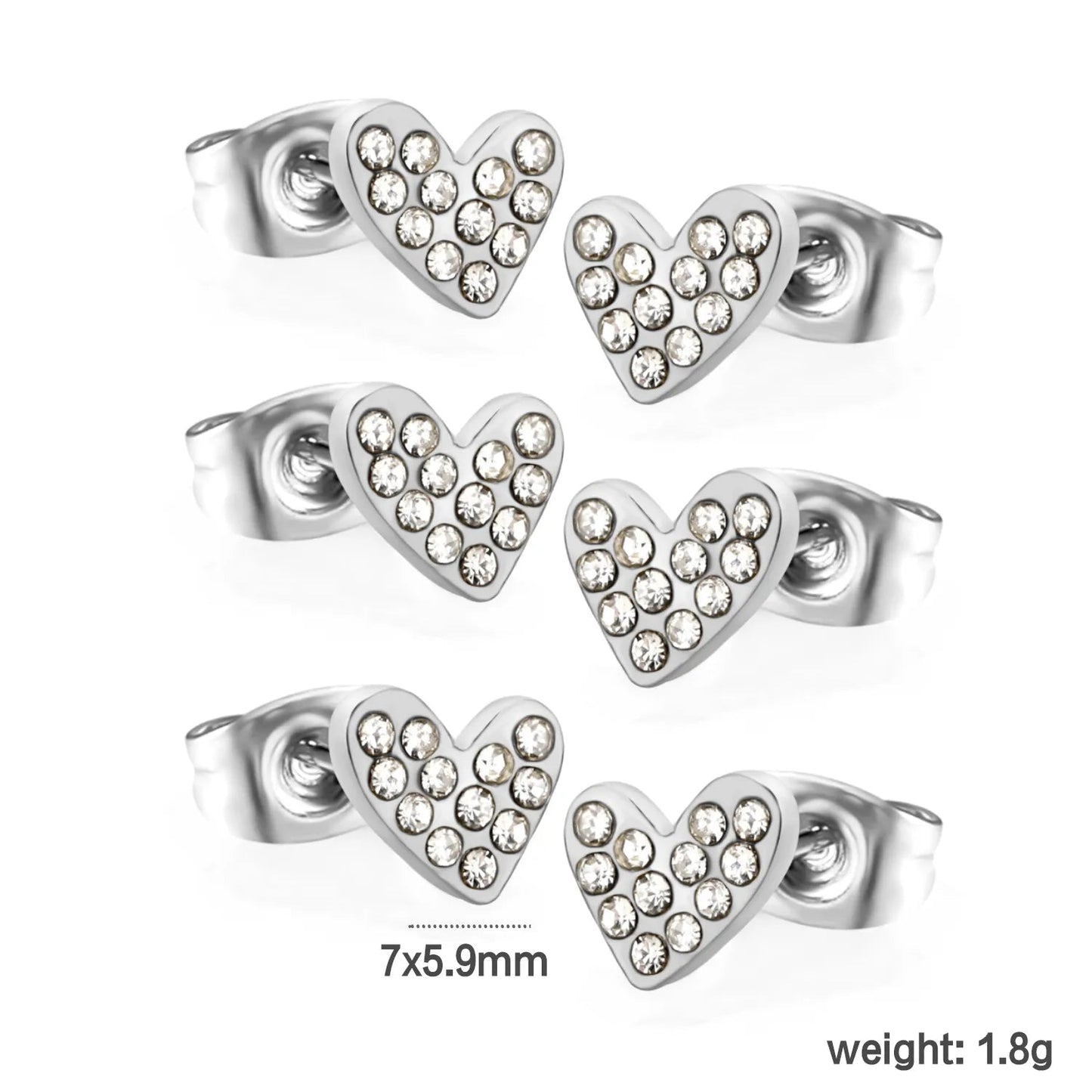 3 PCS 7*5.9mm Heart-shaped White Diamond Plain Post Stud Earrings - Steel & Gold asonjewelry