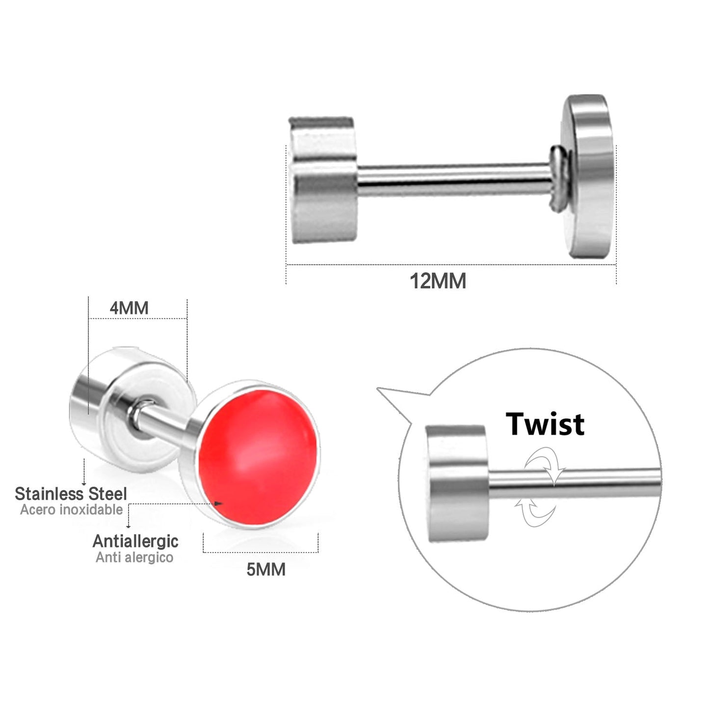 12 pairs 5mm Steel / Goldtone Round Mixed Color Screwback Stud Earrings asonjewelry