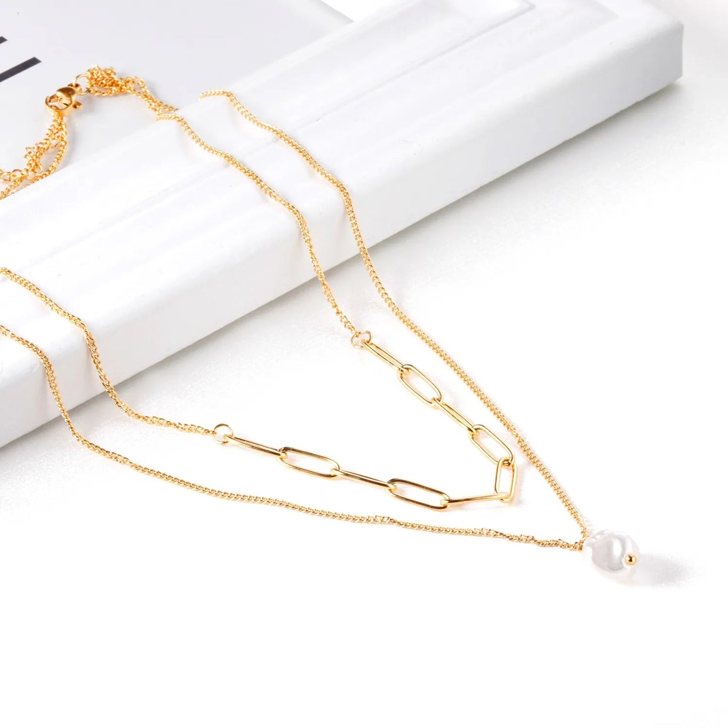 ASON Stainless Steel Trendy Double Chains Necklace With Pearl Pendant Necklace Gold Color For Women Jewelry Party Gift asonjewelry