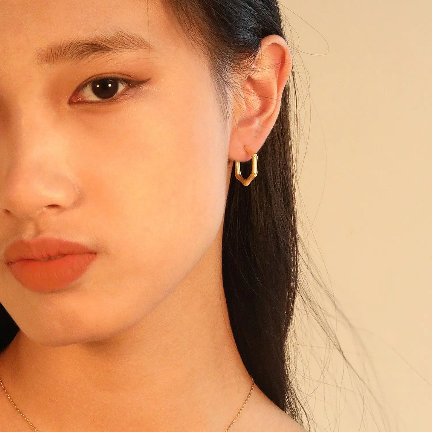 Stainless Steel Hexagon Bamboo C Hoop Earrings asonjewelry