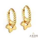 Stainless Steel Textured Metal Star Pendant Drop Huggie Earrings For Women Girls Vintage Waterproof Temperament Hoops