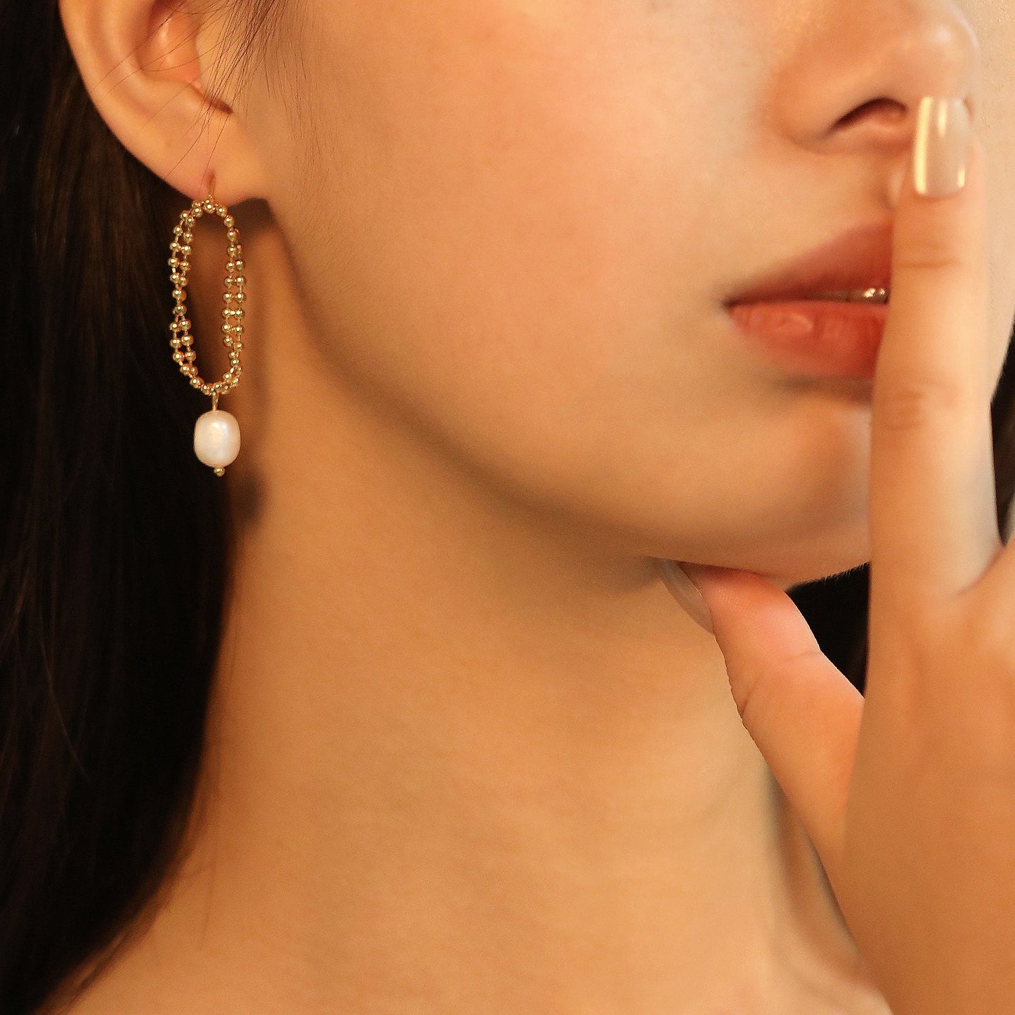 Spring 2024 Double Layers Bead Chain with White Pearls 7.5*9mm Earrings asonjewelry