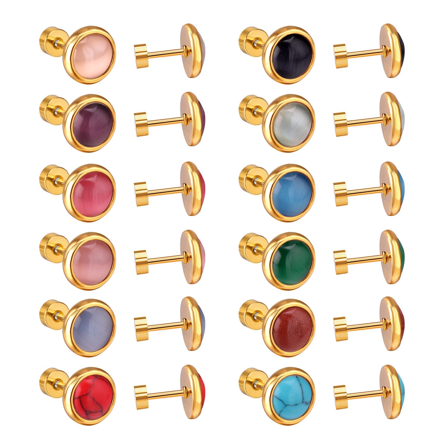 12 pairs 10mm/8mm Steel/Gold Mixed Screw Earrings asonjewelry